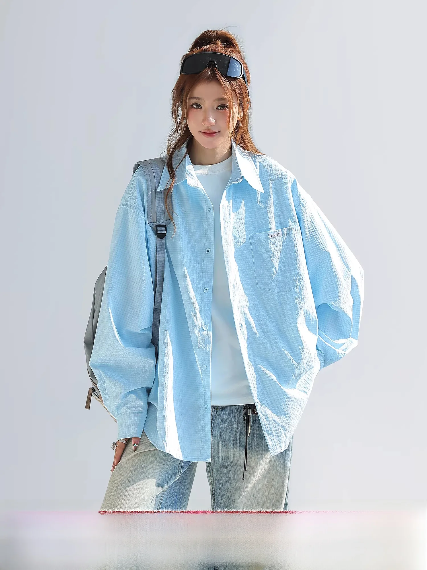 

Blue Long Sve irt Women's Inner Wear Layering Lazy Sle Korean Faion Chant2nd Spring 2026 New Arrival Polyester Fiber