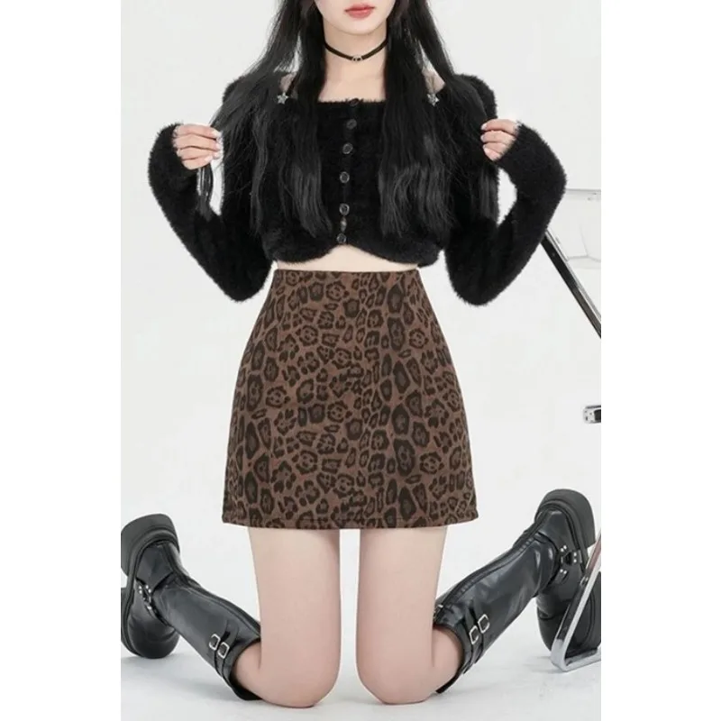 ヒョウ柄 A ラインスカート秋冬新作スカート露出防止ホットガールハイウエストショートスカートレディースファッションショートスカート