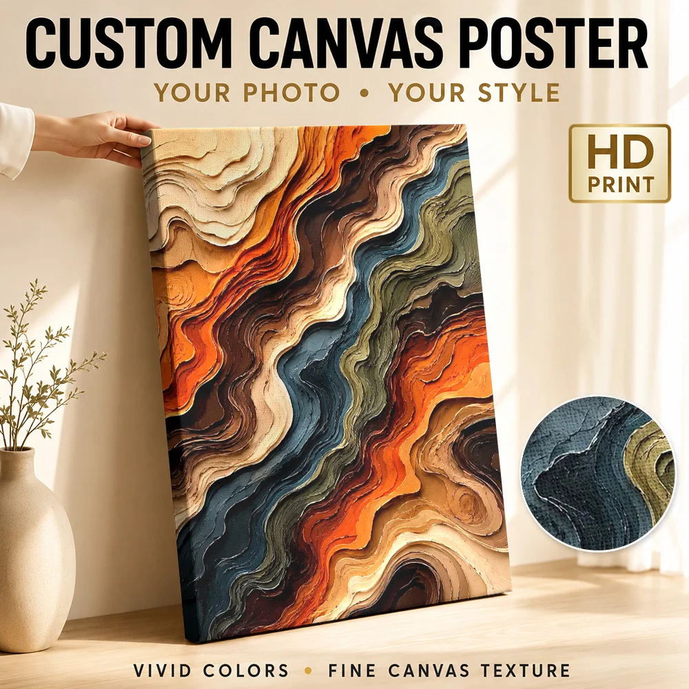 Layered Earth Tone Waves Framed Canvas Poster Customized Photo Expressive Color Composition Wall Art For Studio Reading Corner