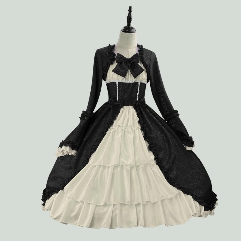 European and American Medieval Retro Gothic Court Dress with Square Neck, Waist Cinch, Spliced Bow and Evening Gown