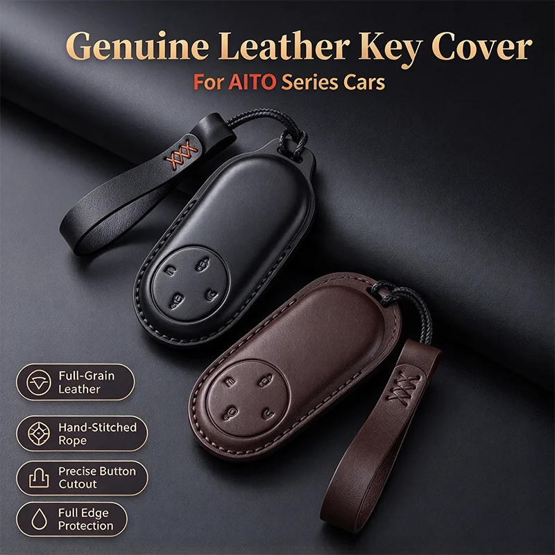 For AITO M6 M9 M8 M7 MAX Ultra Full Coverage Top Layer Cowhide Key Case Cover Keychain Rope Lanyard
