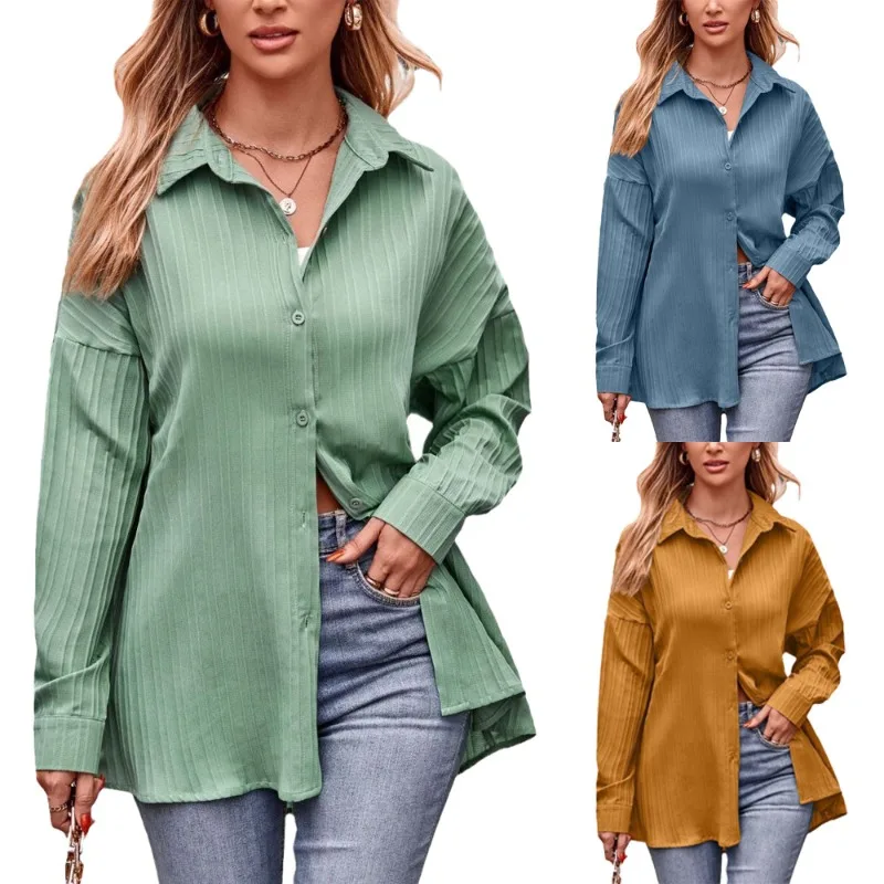 

Solid Color Shirt Women's Autumn and Winter New European and American Casual Double Line Jacquard Loose Sleeved