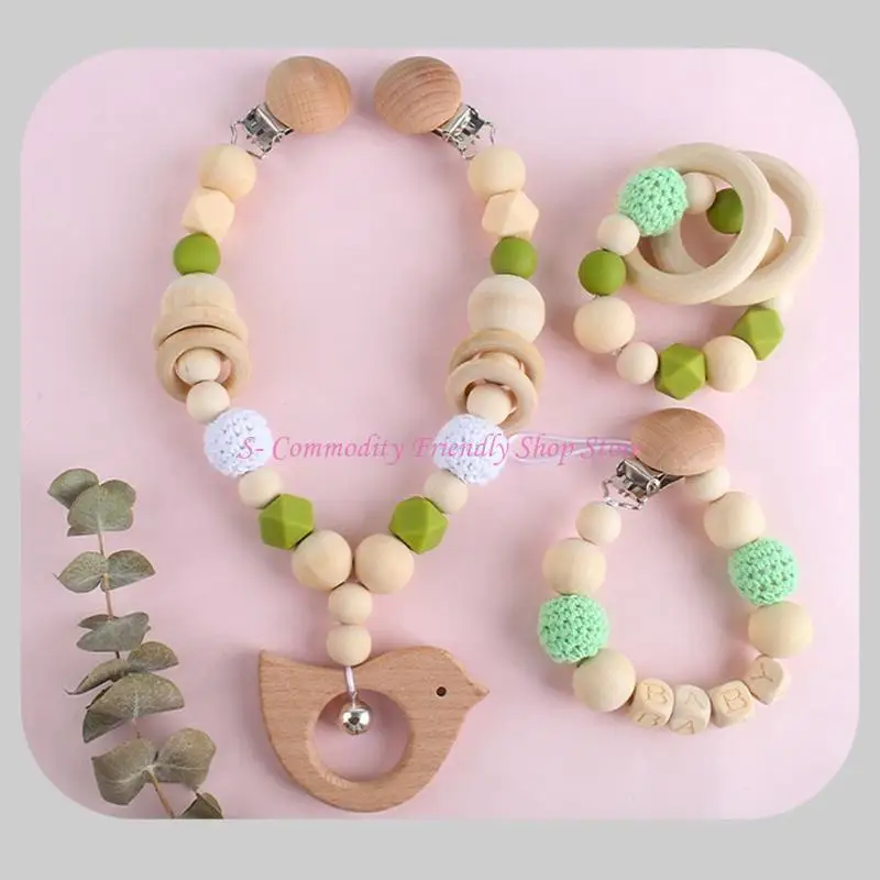 85AE Xe Đẩy Cho Bé Đồ Chơi Núm Vú Giả Dây Xích Xe Đẩy Động Lục Lạc Giường Chuông Bằng Gỗ Điều Dưỡng Răng Hàm Đậu Nành Sơ