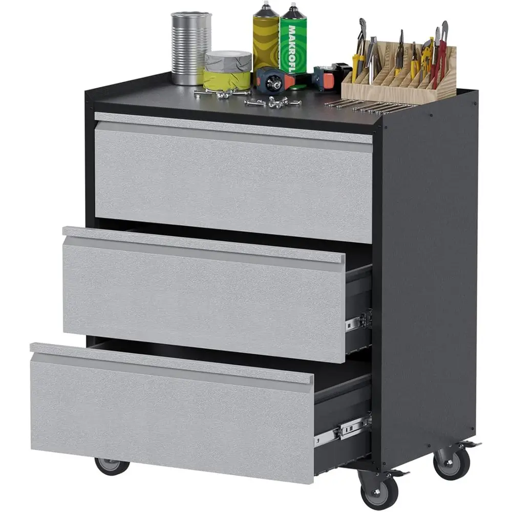 

3-Shelf Metal Garage Storage Cabinet with Rolling Drawers, Suitable for Workshops, Garages, and Offices in Black and Gray