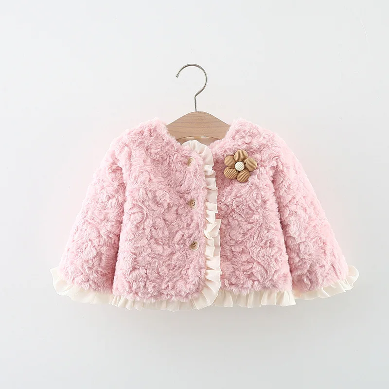 Children's Clothing Girl Jacket Winter Thickened Velvet Leaf Edge Plush Three-dimensional Flower Decoration Winter Fashion Top