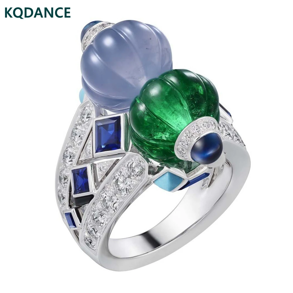 KQDANCE Luxury Solid 925 Silver Blue Sapphire Carbon Diamond Emerald Green Gemstone Lantern Fruit Rings Jewelry For Women Party