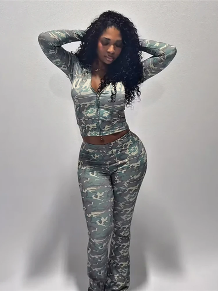 Weird Puss Letter Leopard 2 Piece Set Women Zip Hooded Jacket+Flare Pants Casual Matching Stretch Sporty Streetwear Tracksuit