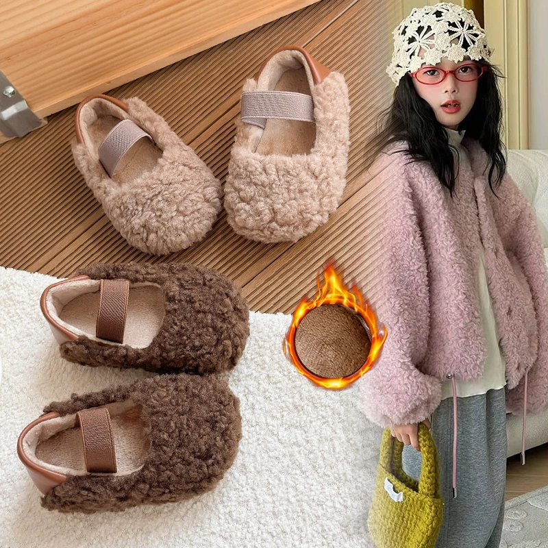

2025 Winter New Children Flat Shoes Fur Cover Toe Light Warm Kids Casual Shoe Plush Warm Non-slip Leisure Comfy Boys Girls Shoes