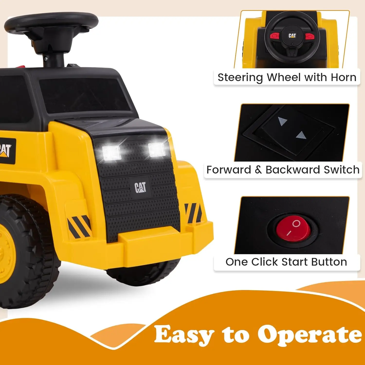 Licensed Ride on Dump Truck, 6V Cat Construction Car Electric Vehicle with Adjustable Dump Bed, Horn, Headlight, Bucket, Battery