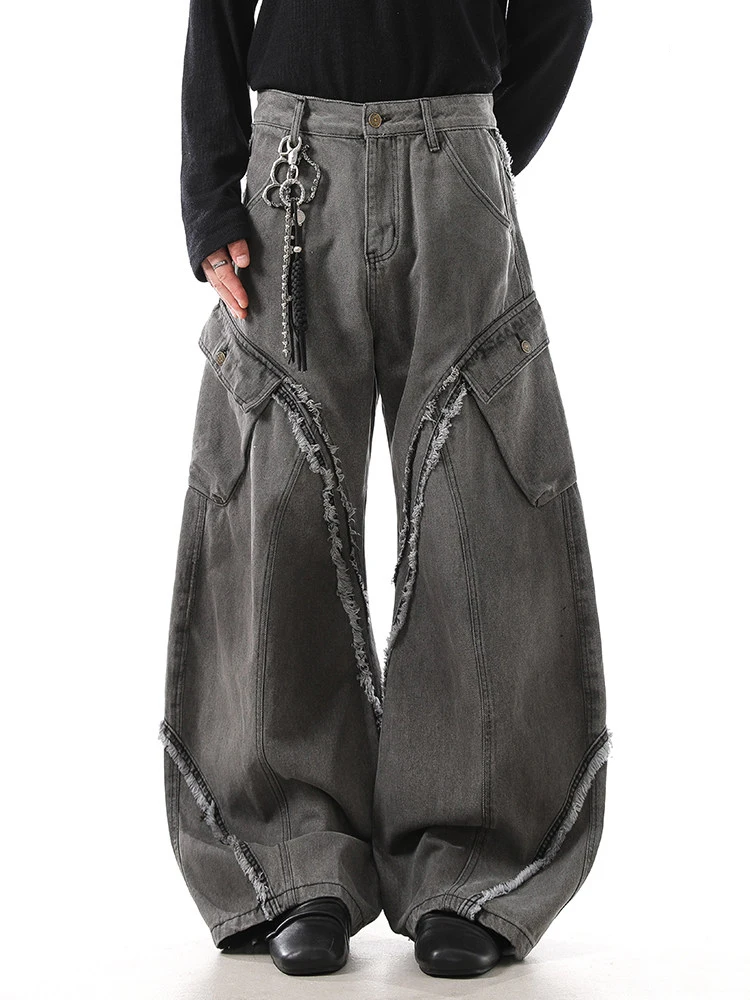 

American Retro Slim Fit Knife Denim Jeans Men's Casual Loose Pants Multiple kets mid Waist Zipper Closure Pure Color