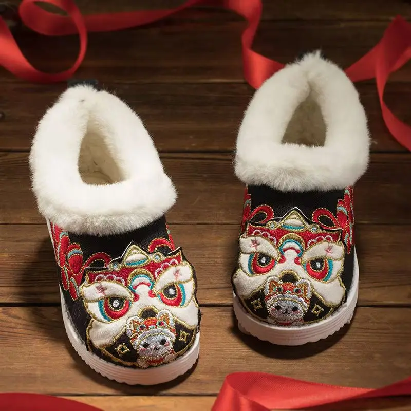 2024 Winter Girls Chinese Tradition Tiger-Head Cotton Boots Boys Girls Soft Sole Non Slip Low Top Slip On Plush Warm Snow Boots