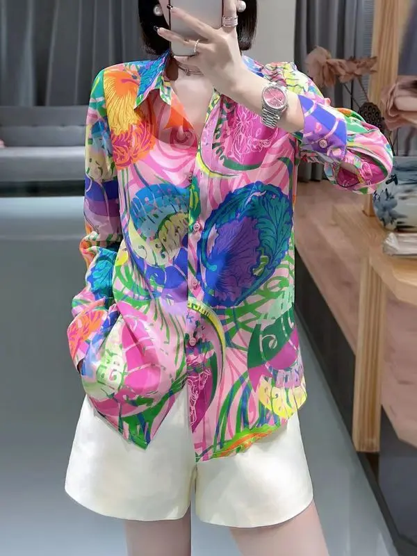 

2023 New Spring and Summer Fashion Trend Loose Casual Temperament High-end Simple Tie Dyed Printed Versatile Women's Shirt