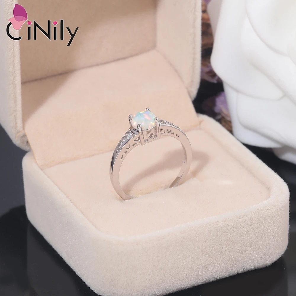 CiNily Simple Female Created White Fire Opal Round Rings with Cubic Zirconia Silver Color Wedding Rings for Women Fashion Jewelr