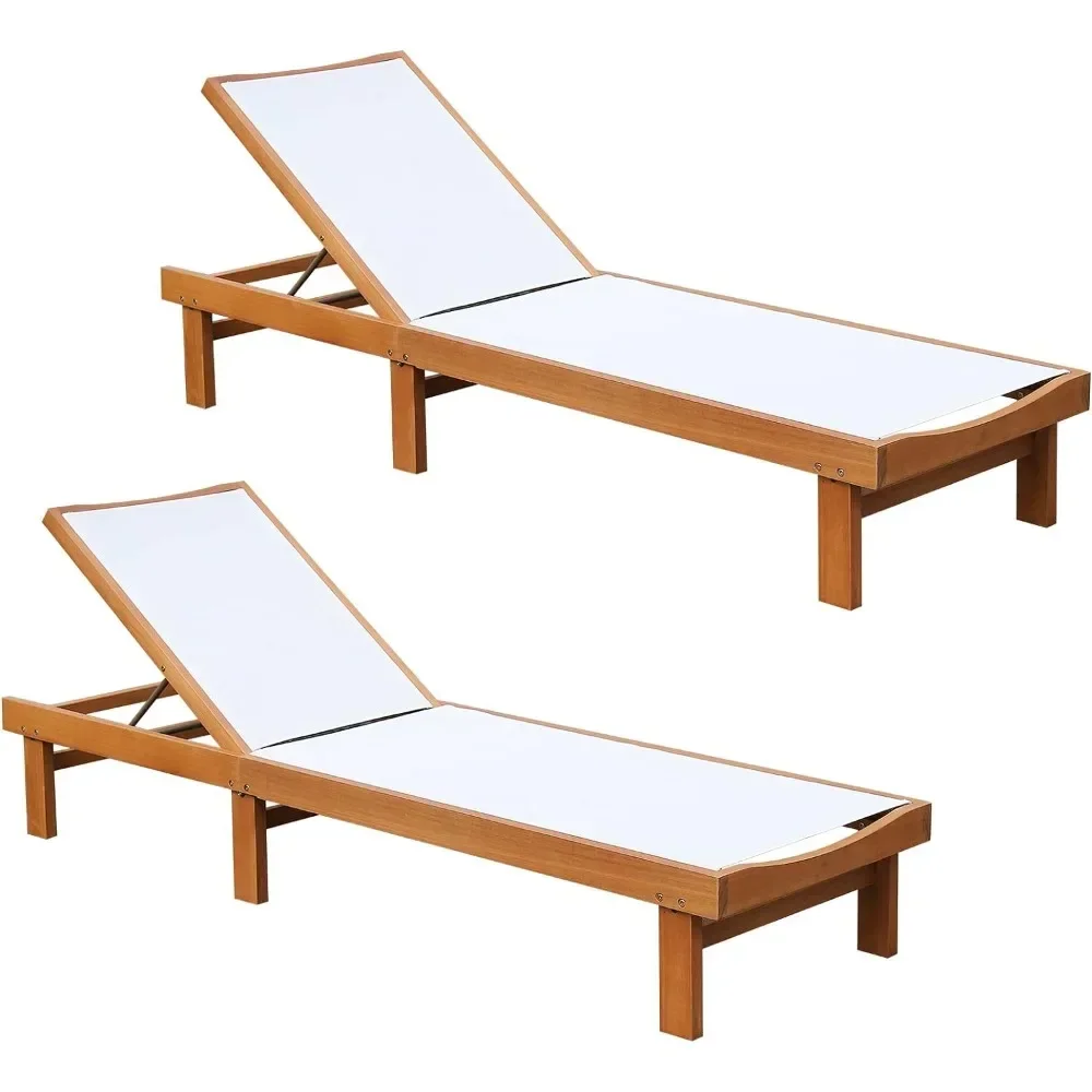 2 Pcs Patio Chaise Lounger with 5-Postion Adjustable Back Outdoor Chaise Lounge Chair Recliner White Solid Wood Lounge Chair