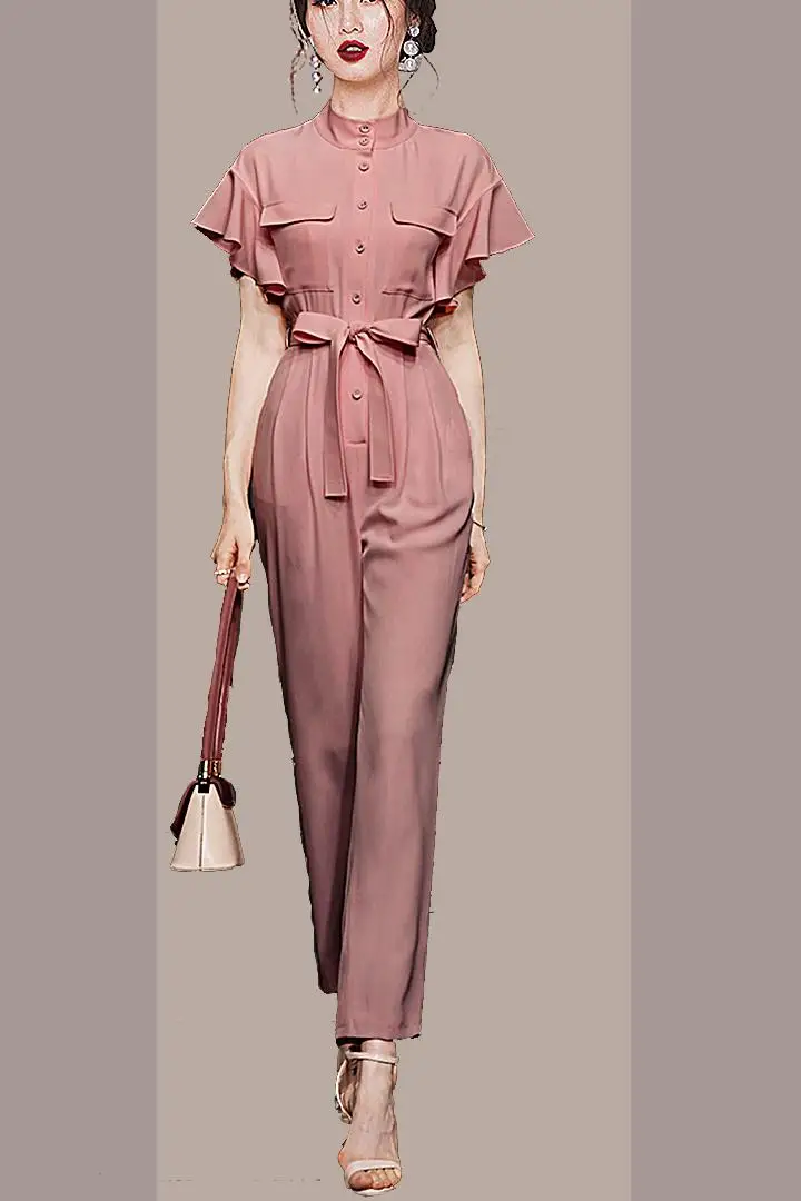 

TRAF Korean Summer 2024 Office LadyTemperament Elegant Solid Romper Drop Shoulder Ruffle Sleeve Lace-up OL Jumpsuit Women