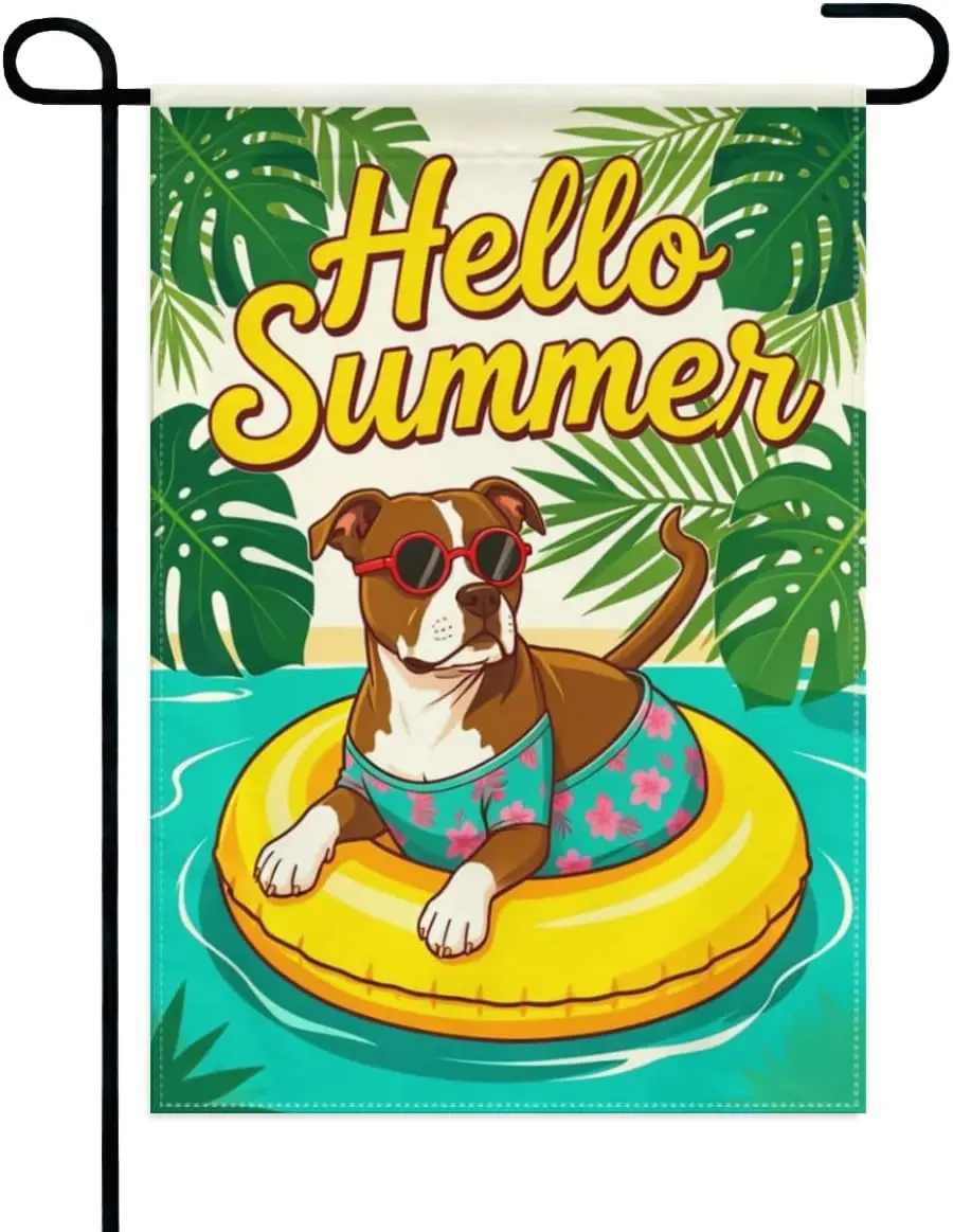 Hello Summer Pitbull Dog Garden Flag 12x18 Inch Double Sided  Funny Pitbull in Swimsuit with Sunglasses Outdoor Yard Decora MMZ