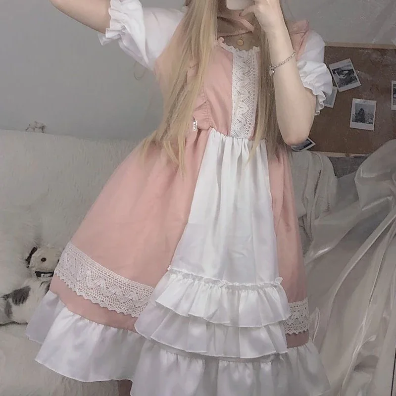 Vestido de mujer de encaje rosa con manga acampanada estilo coreano Harajuku Lolita Cosplay dulce lindo niñas fiesta ajustado Kawaii gótico Vintage Chic