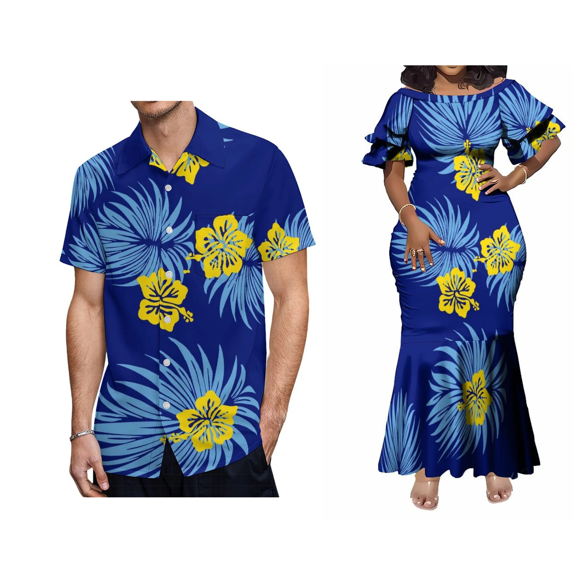 Verão tripulação-pescoço saia dupla camada com punhos babados samoan impressão design fino fishtail vestido polinésia vestido feminino