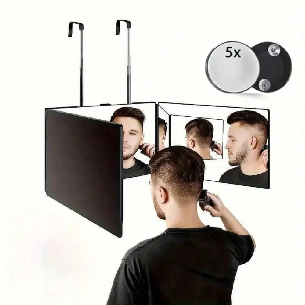 Hot 3-Way Mirror for Hair Cutting, Trifold 360° Mirror for Self-Haircuts and Shaving, Retractable Hanging Makeup Mirror with 10X