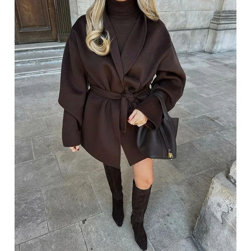 

Модное шерстяное пальто с поясом, воротником-стойкой, свободного кроя, в винтажном стиле, с рукавами «летучая мышь», для повседневной носки, осенняя верхняя одежда для женщин 2025 года