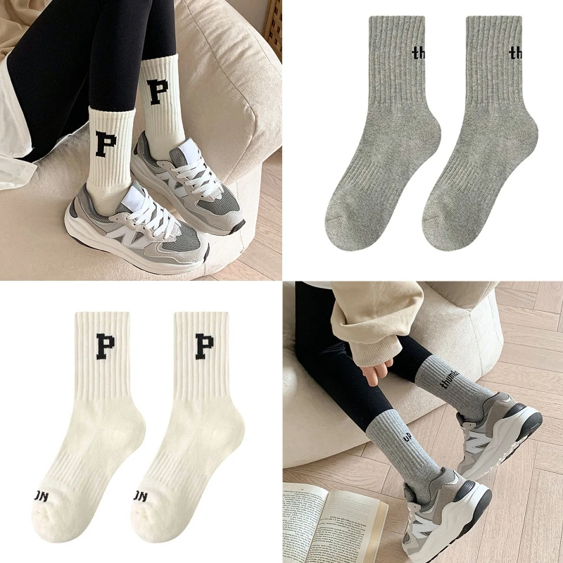 Women Men Harajuku Ribbed Cotton Socks P Letters Print Solid Color Hip Hop Fashion Skateboard Sports Street