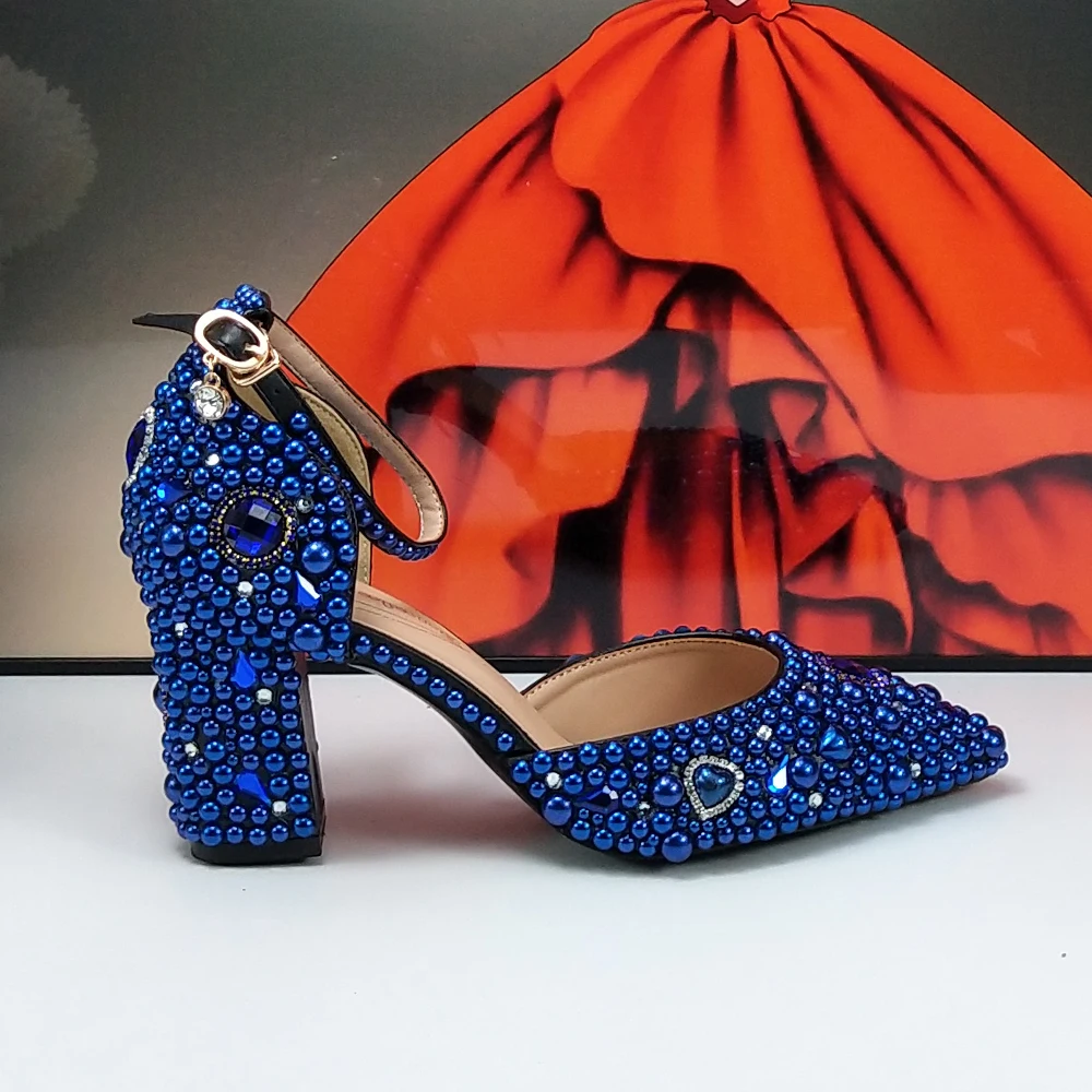 Royal Blue Bride Wedding shoes with bag Green Pearl Pointed Toe Square heel Party Dress Shoes Fashion Heels sandals Women