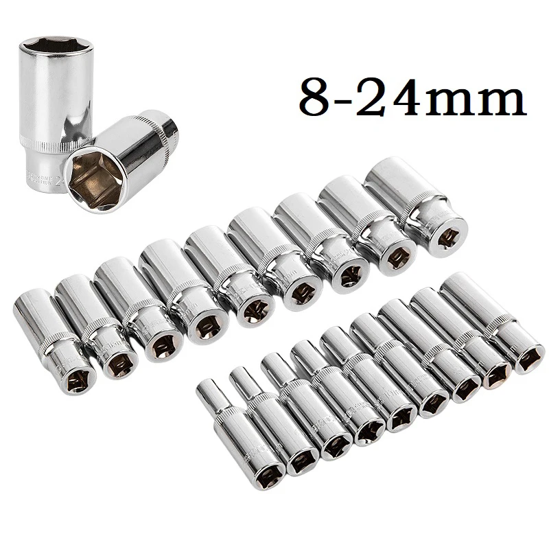 

1pcs 3/8inch 63mm Deep Socket Adapter Medium Fly Hex Long Sleeve Wrench Heads High Torque Ratchet Wrench Adapter 8-24mm