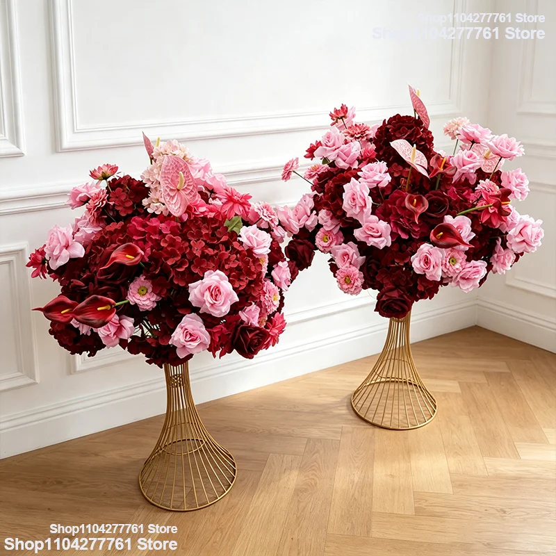 Künstliche burgunderrote rosa Rose 5D Hochzeitstisch-Mittelstück Blumenball Seidenhortensie Anthurie Blumenstrauß Event-Party-Dekoration – Detail 8