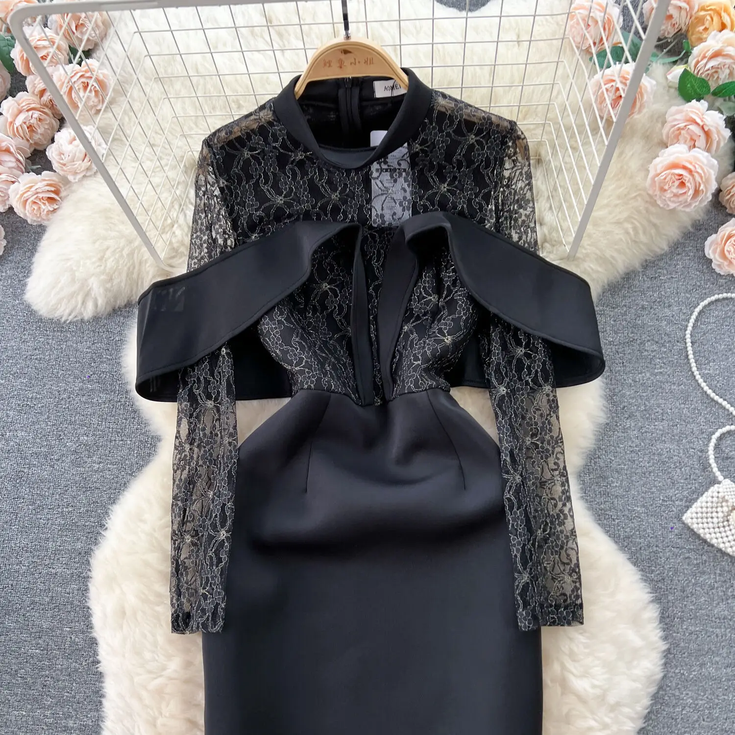 Fashion Elegant And Vintage Hepburn Style Long Evening Party Dress For Female Black Lace Patchwork With Waistband Slim Fit Dress