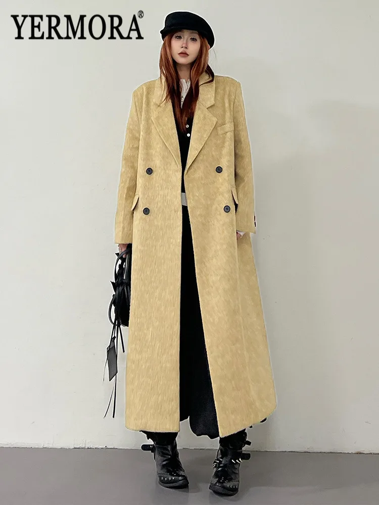 

YERMORA Yellow Button Brief Casual Woolen Coat For Women Lapel Long Sleeve Loose New Overcoat Fashion Tide Autumn Winter 2025