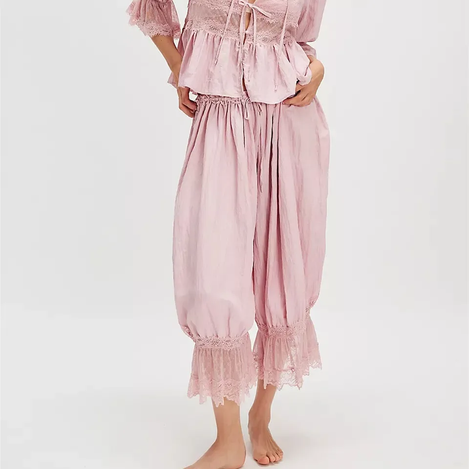 2026 Women Ruffle Long Bloomer Y2k Lace Trim Pettipants Pantaloons Mid Rise Cropped Pajama Pants Under Dress Slips