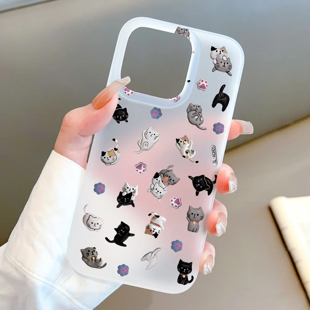 Niedliches Katzenmuster Luxus Matt Silikon Handyhülle für iPhone 17 Air 16 Pro Max 15 14 13 Mini 12 11 Pro 16 Plus Transparente Hülle