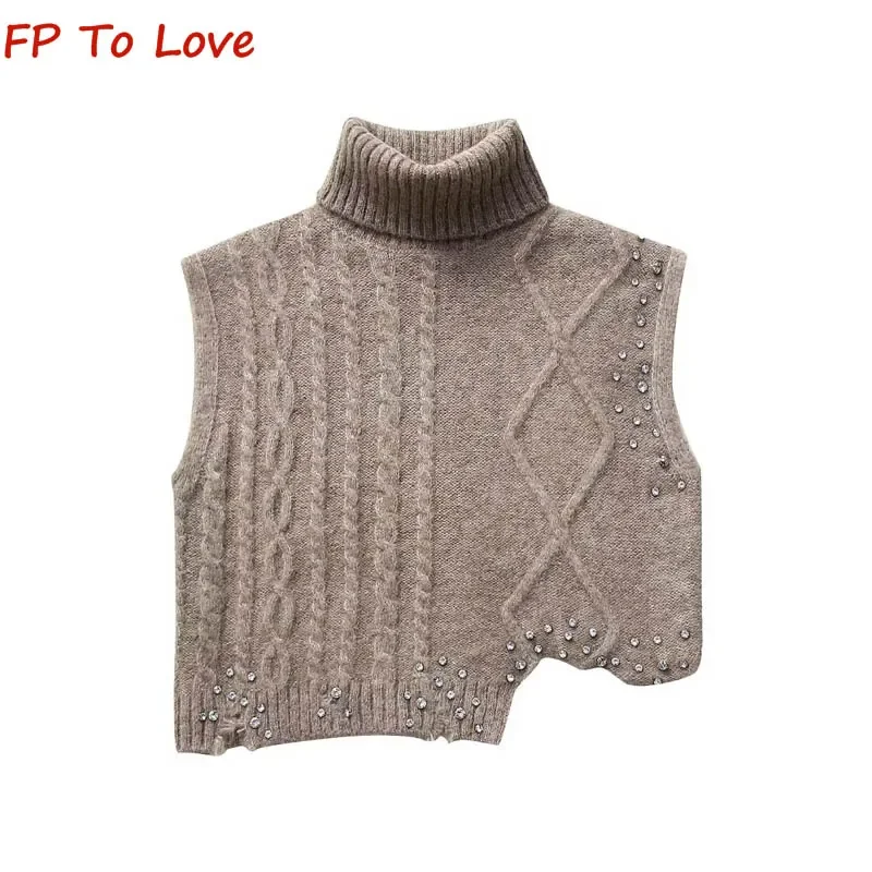 

Y2K Spice Girls Short Design Textured Sweater Coffee High Neck With Rhinestones Vest Knitted Vest 9598022