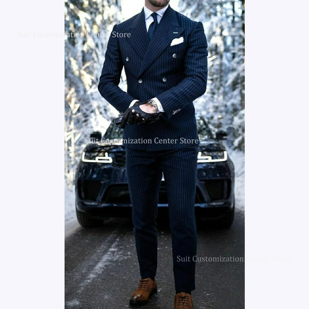 

Темно-синие полосатые костюмы для мужчин, классический двубортный пик с лацканами, приталенный комплект из двух предметов, куртка, брюки, деловой наряд для торжественных случаев