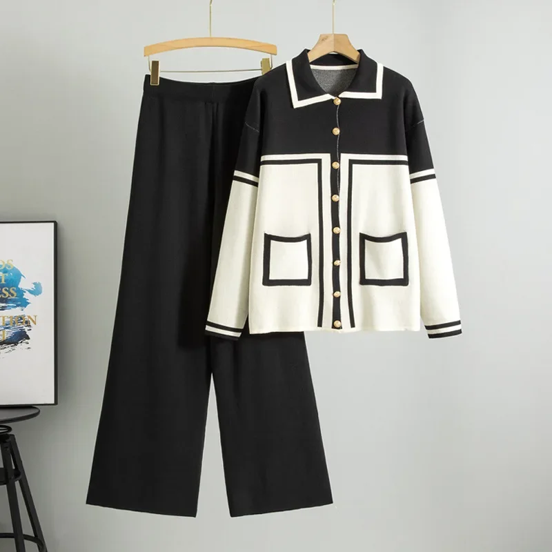 

Flip collar contrasting color fashion casual knit 2-piece set Winter Women's Sets New women's loose knit cardigan 2-piece suit