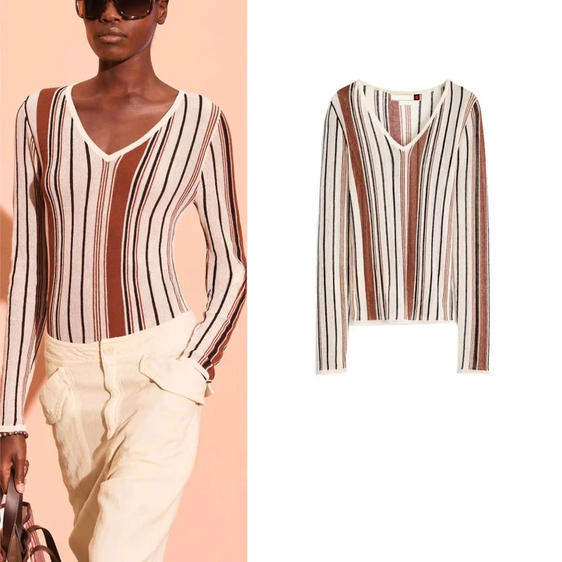 

Autumn New Women's Long Sve Knitted V-Ne Linen Blend Straight Hem Knitwear Polyester Fiber Casual Comfortable Top