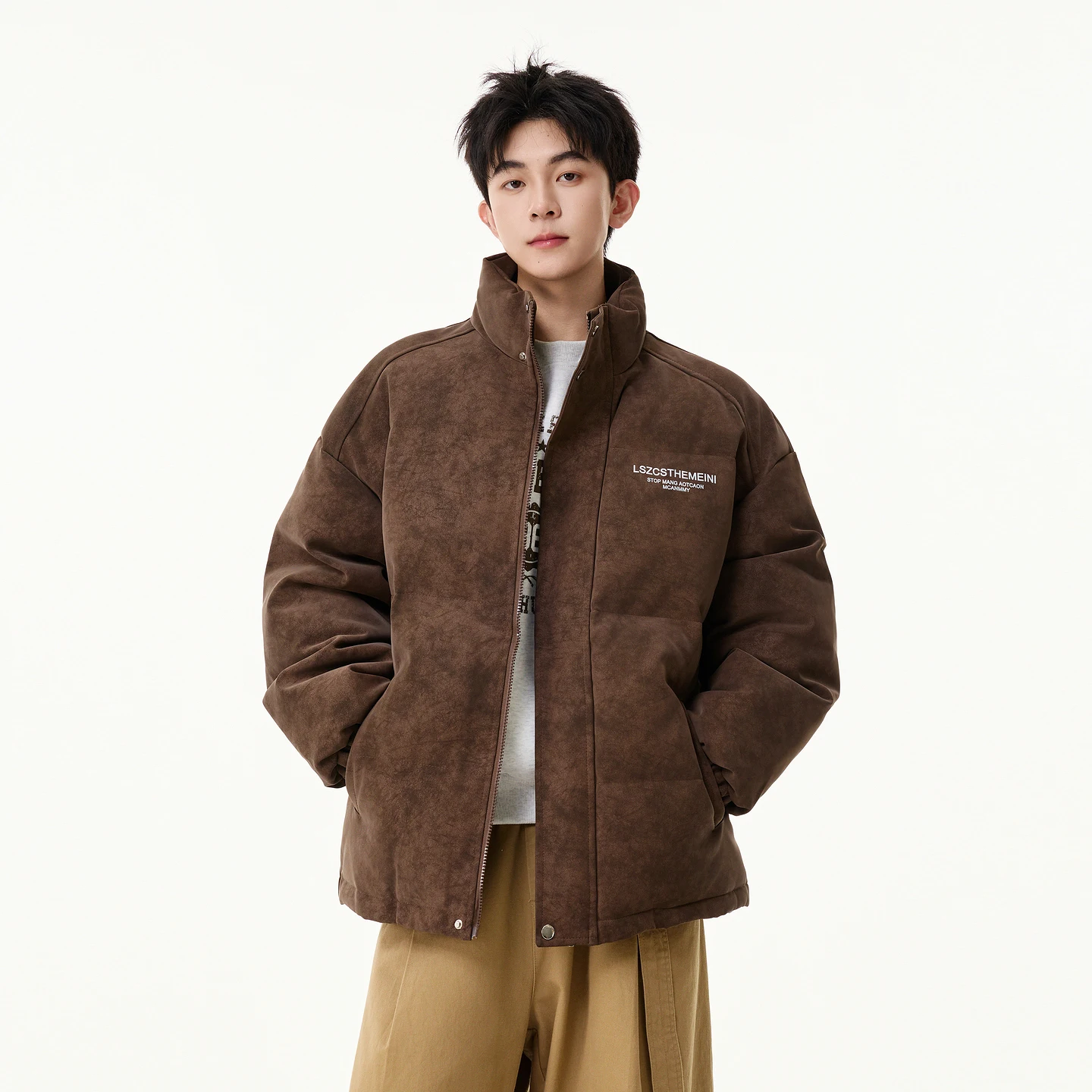 Winter American Style Thickened Stand Collar Windproof Casual White Cotton Jacket Men's Black Warm Versatile Cotton Coat