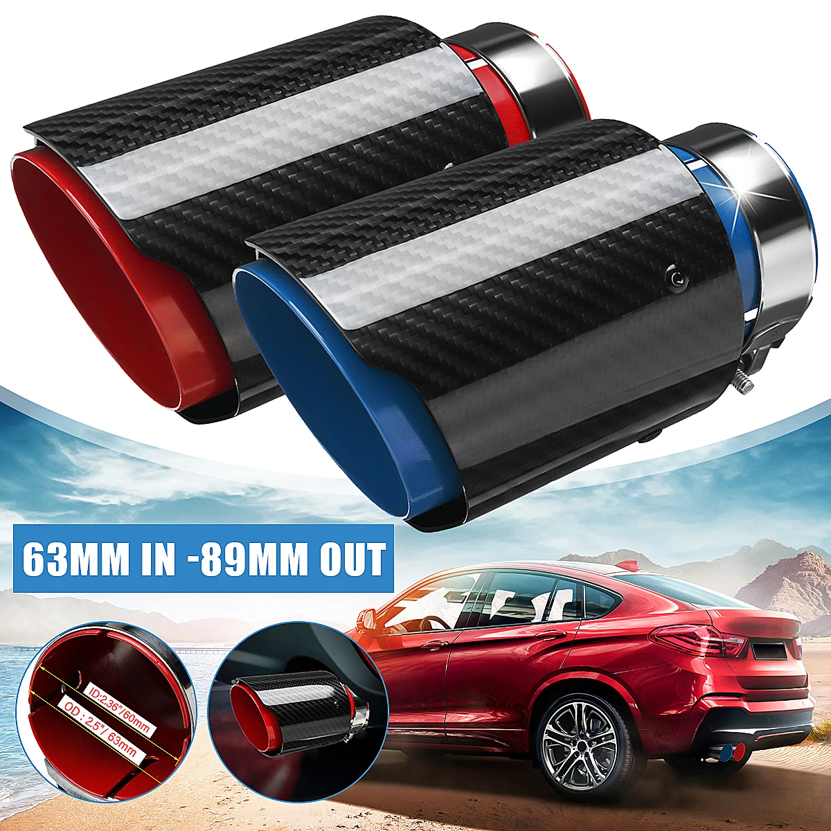 

63mm-89mm Glossy Carbon Fiber Exhaust Tips Universal Car Exhaust Pipe Blue/ Red Baking Paint