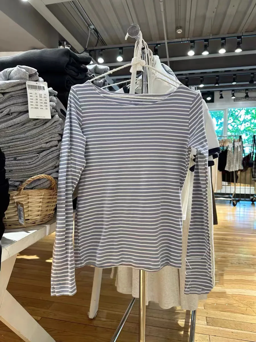 الأبيض الضوء الأزرق تي شيرت مخطط المرأة مغرفة الرقبة طويلة الأكمام سليم الأساسية تي شيرت الخريف بسيط عادية الحلو البلوز القمم تيز