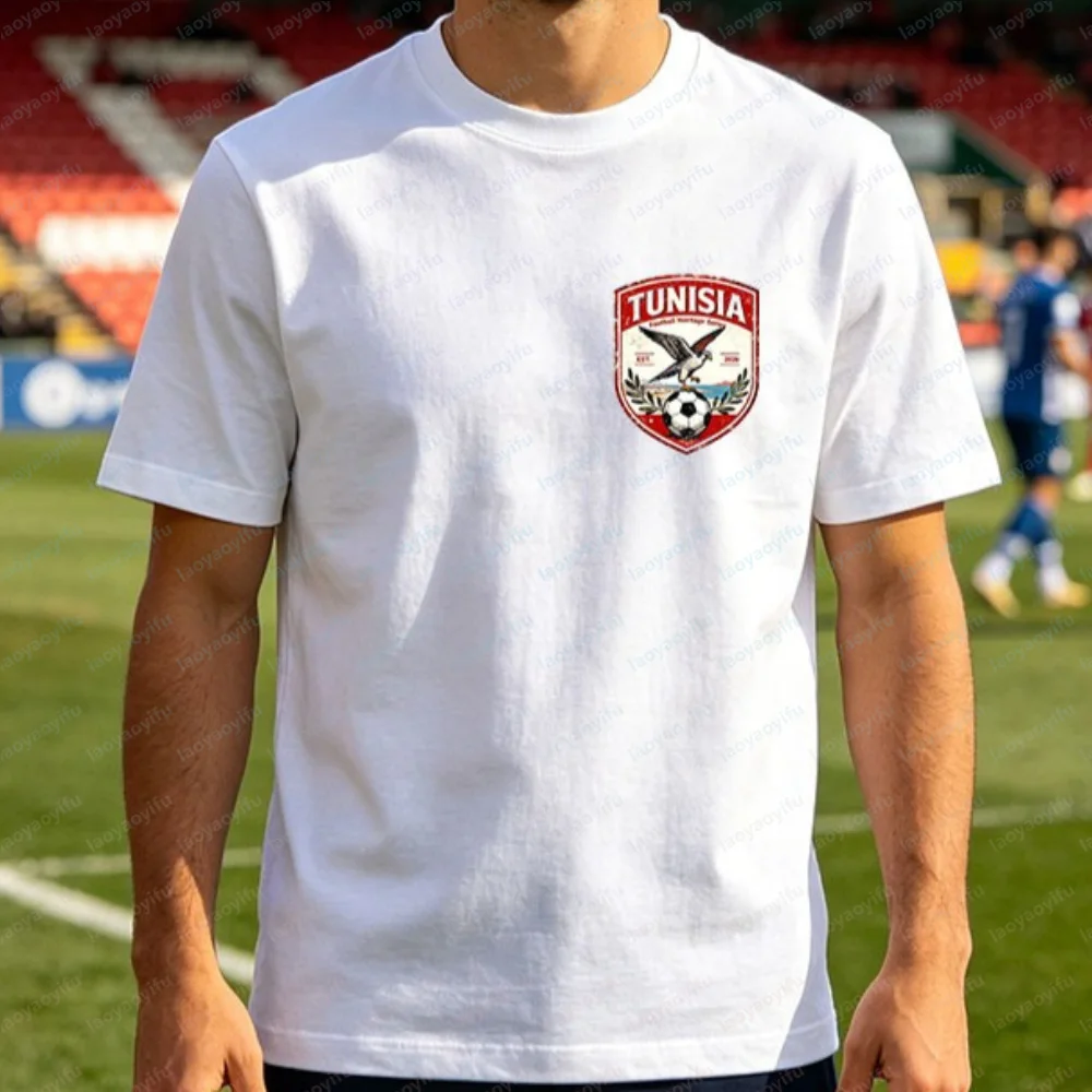 2026 Soccer Tunisia Front Back Swallow Crest Map Crescent Star Men Tee Cotton Football Fan Patriotic Casual Supporter T-shirt