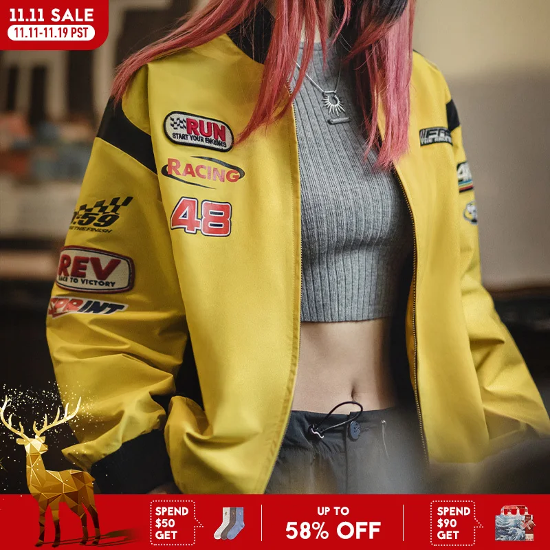 

Винтажная гоночная куртка Maden, дышащая, против морщин, верхняя одежда с бейсбольным воротником в мотоциклетном стиле, женская желтая спортивная куртка