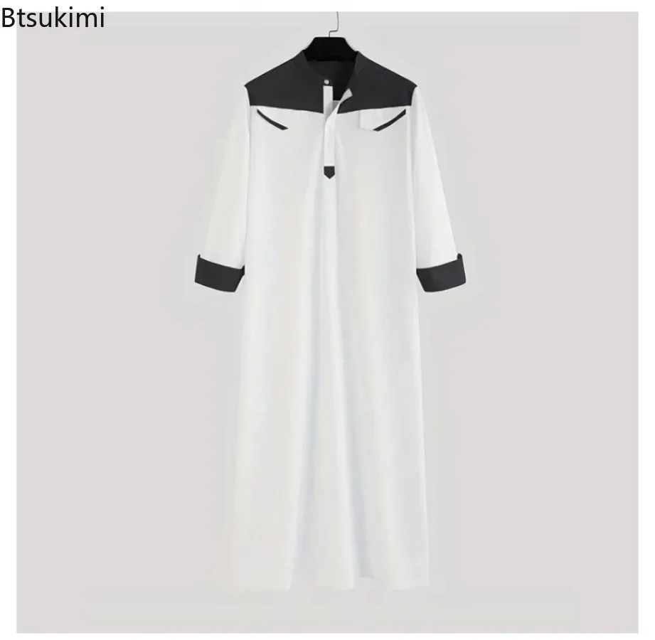 

Мужская мусульманская джубба/тоба 2026: комфортная, с длинным рукавом, в стиле колор-блок, с воротником-стойкой, арабская повседневная одежда, роба, одежда Ближнего Востока