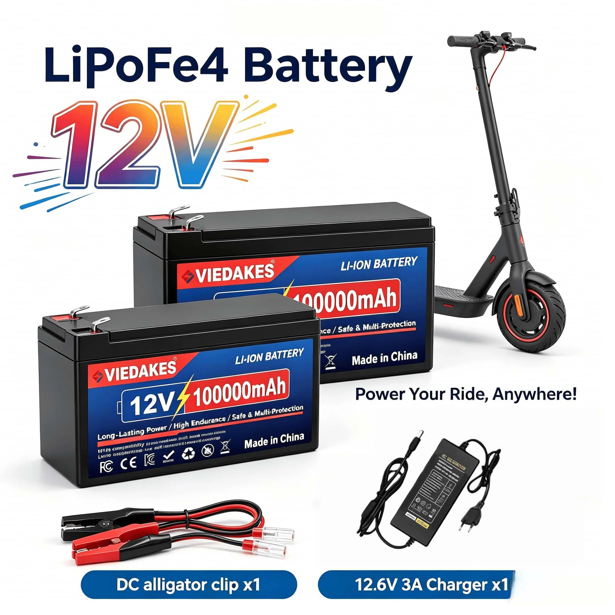 VIEDAKES 12V 100000mAh LiFePO4 Battery Deep Cycle Rechargeable Lithium Battery For Mini Electric Scooter E-bike