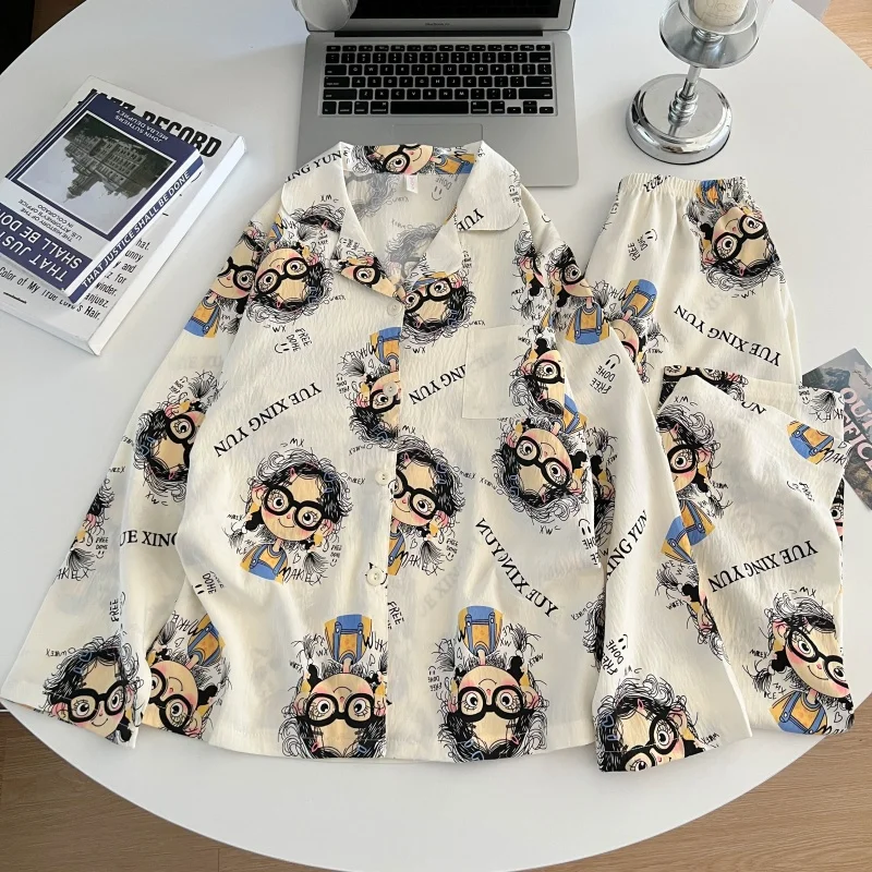 

Корейский повседневный женский пижамный комплект с забавным принтом, осень-зима, новинка 2025 года, комплект из двух предметов, одежда для сна с воротником с лацканами, модные пижамы, домашняя одежда