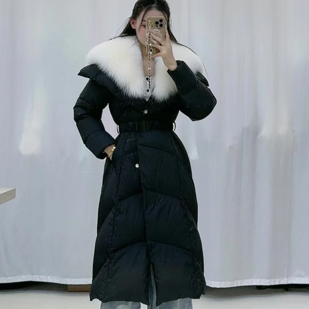 Nuevo Otoño Invierno cuello de piel de zorro abrigo de plumas de ganso blanco ropa de mujer largo grueso cálido chaqueta acolchada esponjosa de piel Real femenina