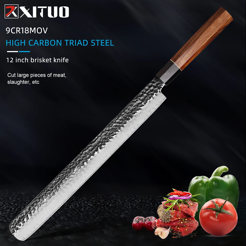 

XITUO Slicing Carving Knife Hand Forged High Carbon Steel Brisket Knife Sharp Meat Ham Slicer Sandalwood Octagonal Handle