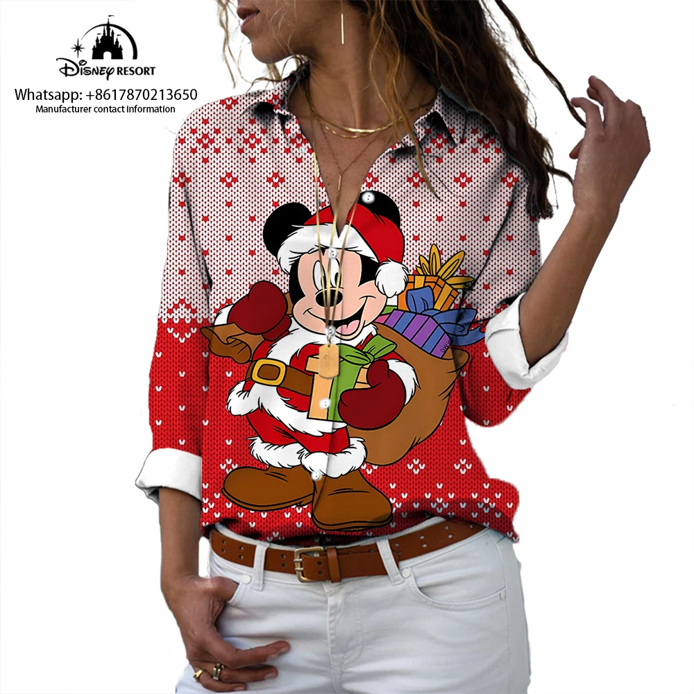 Chemise décontractée à manches longues pour femmes, motif de dessin animé Minnie, revers de personnalité, rue, mode de Noël, nouveau, 2024