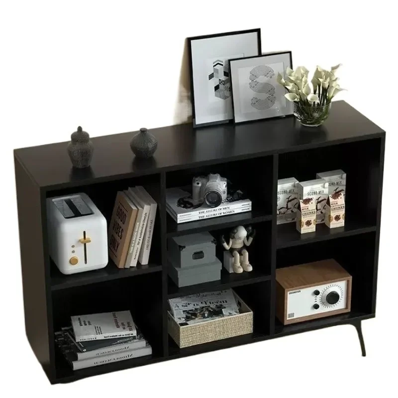 Bookcase, black solid wood shelf, home floor-to-wall bedroom storage cabinet