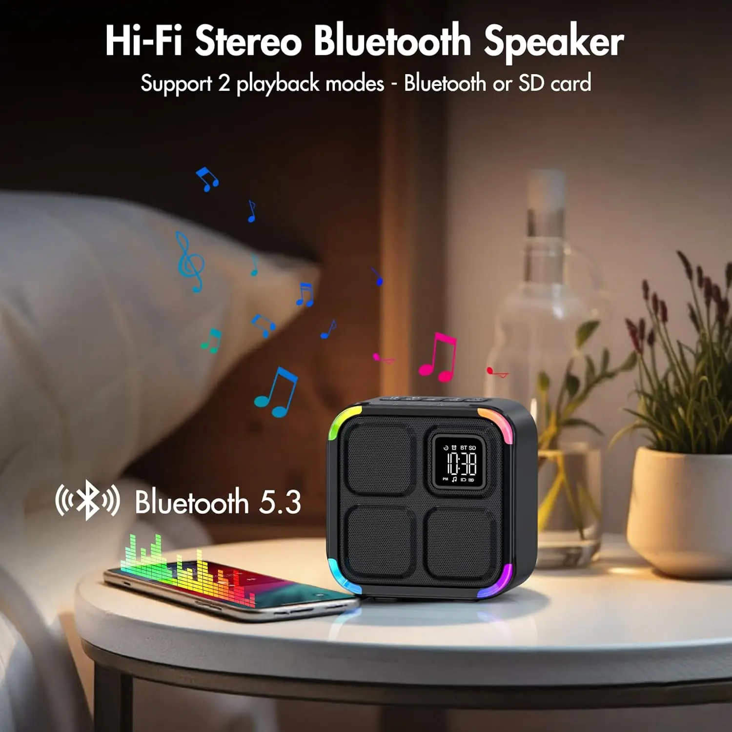 8 Lighting Mode Color Changing Night Light Dimmable Bluetooth Wireless Speaker Alarm Clock with Rechargeable Light Sleep Machine