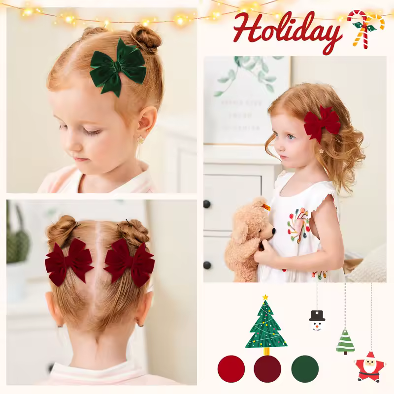 2pcs/set Handmade Velvet Bow Hair Clips for Baby Girls Vintage Christmas Red Green Bowknot Hairpins Barrette Hair Accessories - Image 6